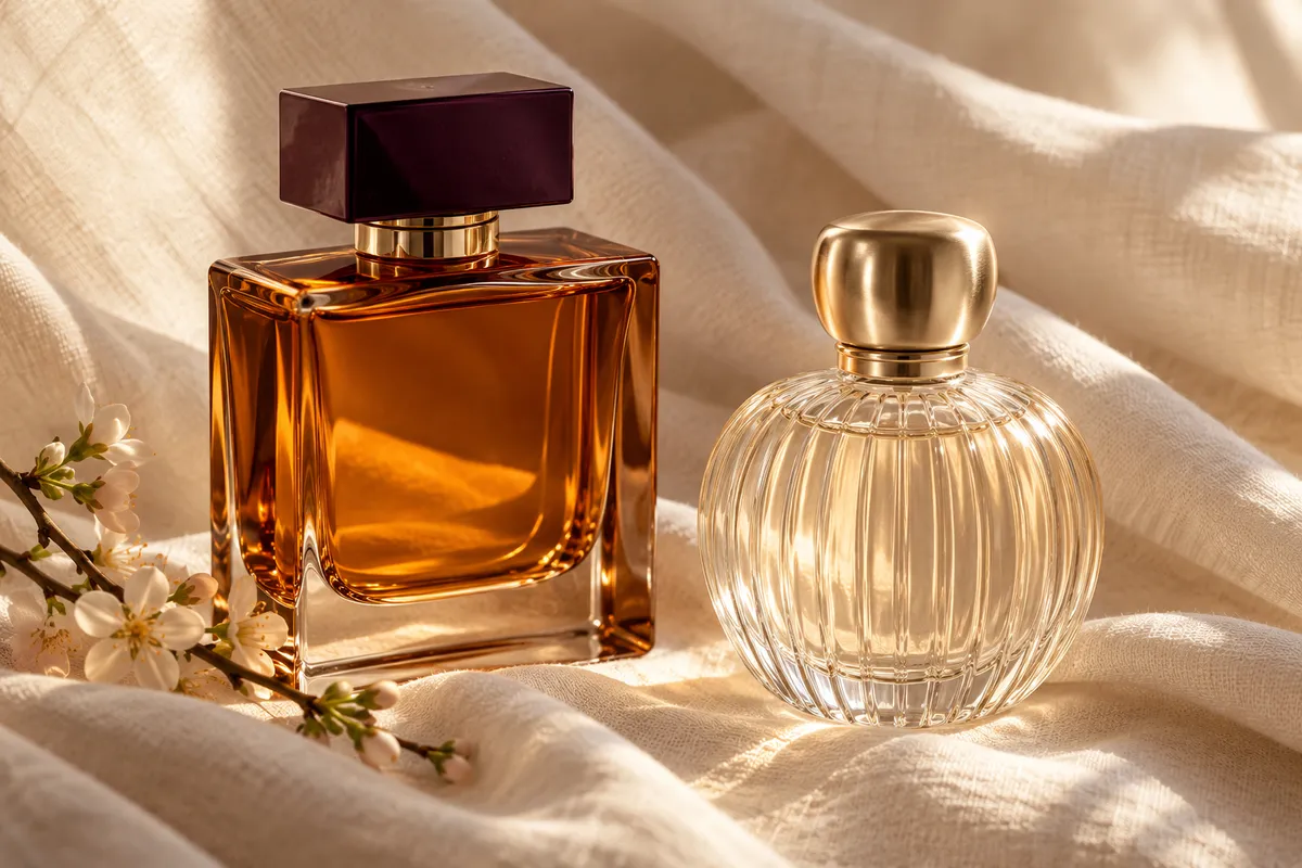 Placeholder fragrance still life with unbranded glass perfume bottles and ivory linen