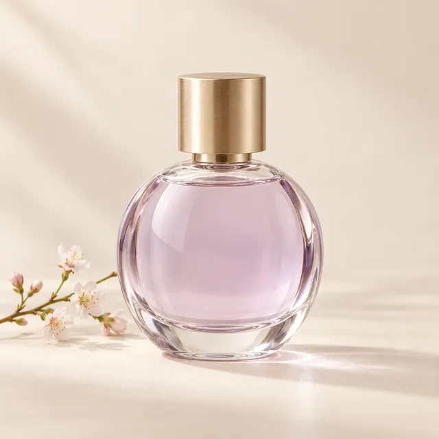 Placeholder fragrance still life with an unbranded bottle and delicate flowers